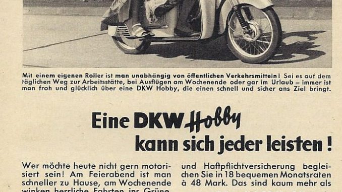 Anzeige aus dem Jahr 1956 für den Roller DKW Hobby von der AUTO UNION.