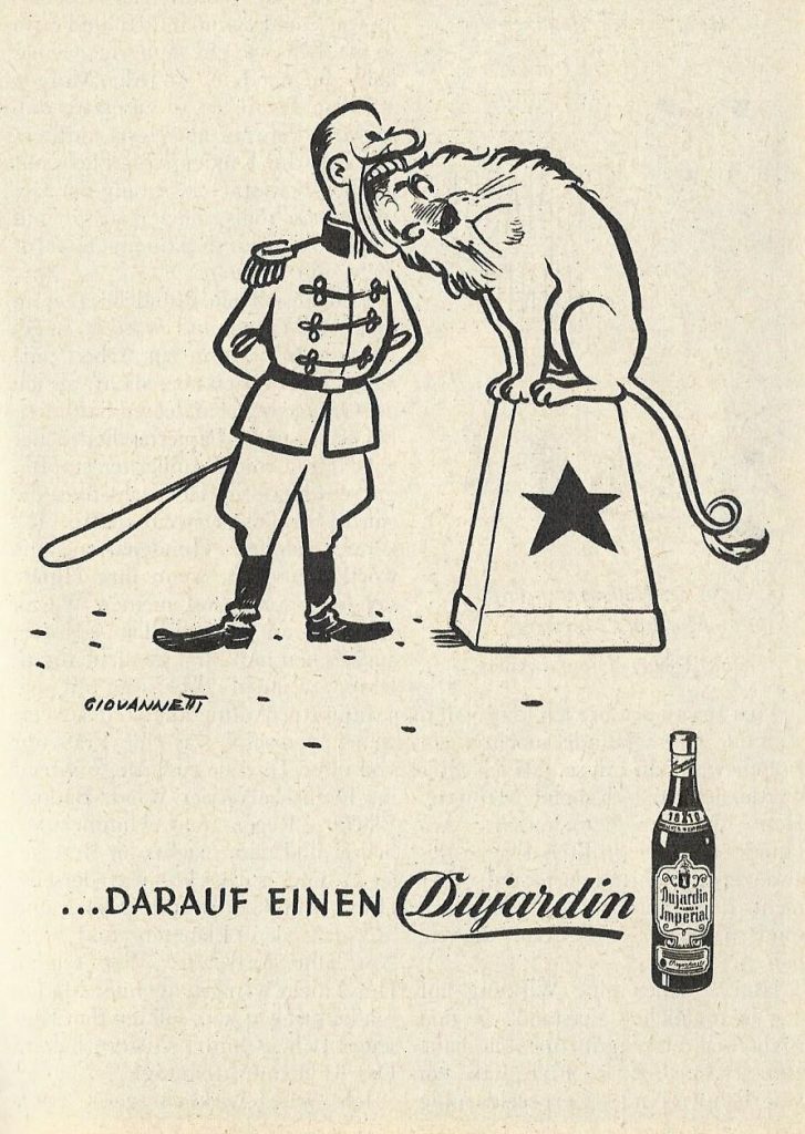 Da musste man zweimal hinsehen: Anzeige der Weinbrandmarke Dujardin aus dem Jahr 1954...